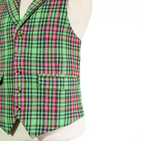 Mens 46R Green Pink Plaid Lambswool Vest Waistcoat Wedding Party Formal Casual - Picture 5 of 8